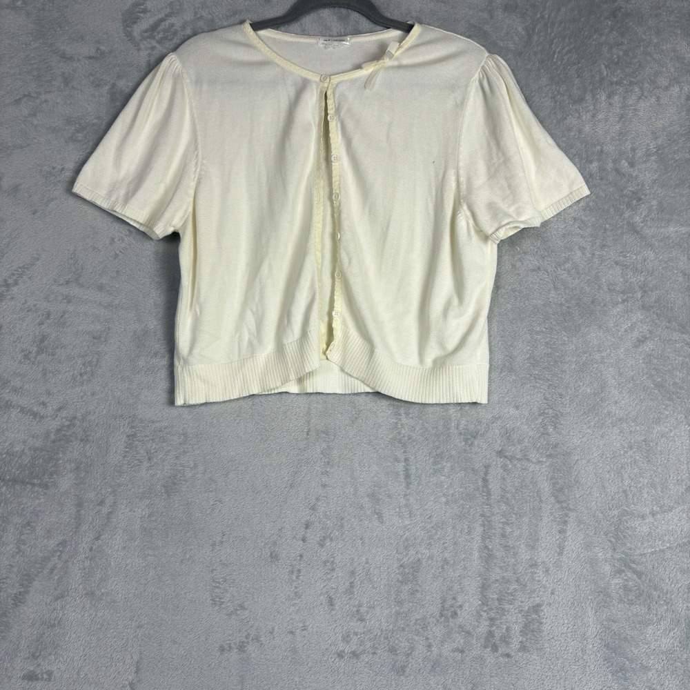 Vintage Cream Short Sleeve Cardigan Sweater Ribbon Bow Puff Sleeve XL